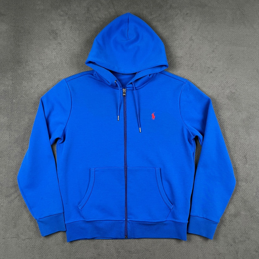Polo Ralph Lauren Double Knit Full Zip Hoodie Mens Medium Blue Red Pony